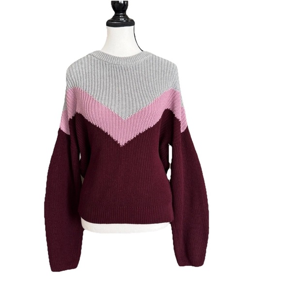 1. STATE Chucky Sweater Colorblock Chevron Knit Crewneck SZ M Burgundy Pink Gray - Picture 2 of 7